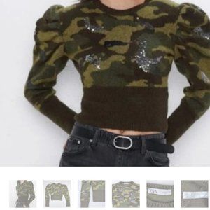 Zara Camo Puff Sleeve Crop Sweater
